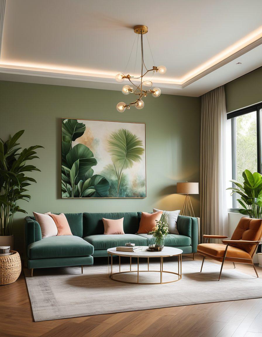A beautifully designed room showcasing elegant decor elements, featuring a harmonious color palette with soft pastels, intricate lighting, and stylish furniture. Include lush plants and artistic touches that reflect sophistication and comfort. The setting should evoke a sense of tranquility and inspiration for creating visually appealing spaces. soft-focus background, warm tones, super-realistic.