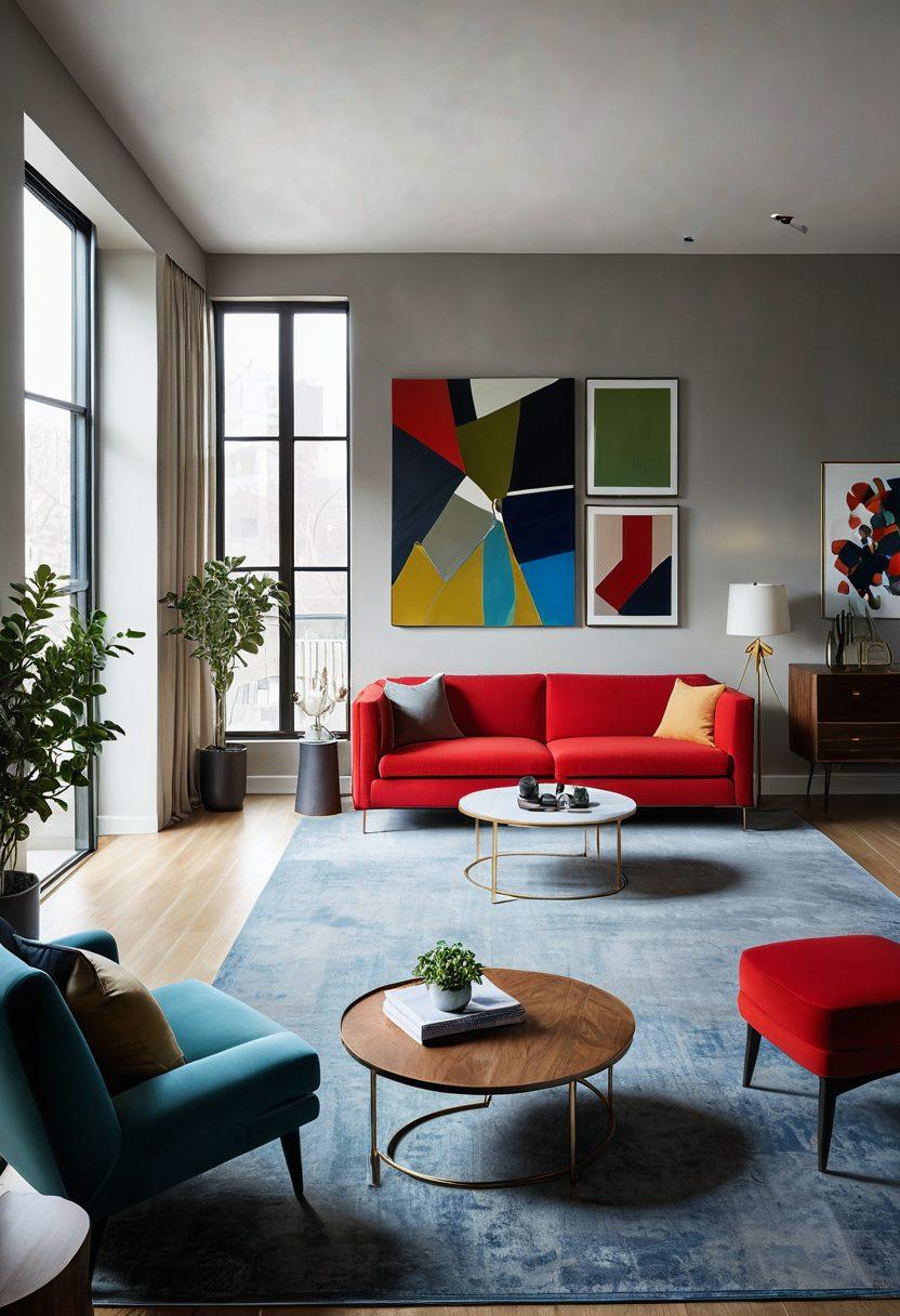 A stunning interior transformation showcasing a dull room evolving into a vibrant space. On one side, muted colors with plain furniture, and on the other, an explosion of color with modern furniture, artistic decor, and lush plants. Bright lighting cascades through large windows, enhancing the contrast. Include a mixing of textures like wood, fabric, and metal. 3D. vibrant colors. modern art style.