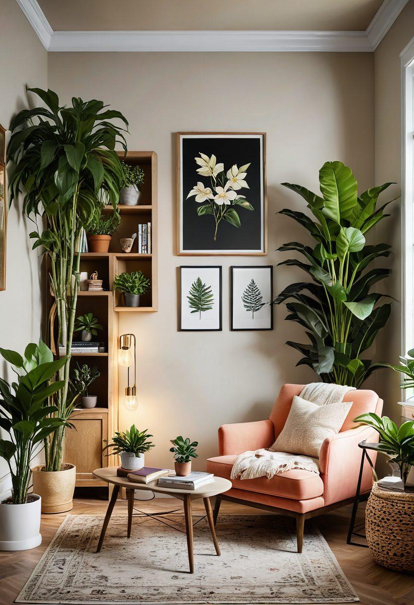 A beautifully styled room with elegant furniture, soft lighting casting warm glows, lush indoor plants, and decorative wall art. Add a cozy reading nook with a comfortable chair and a small bookshelf, showcasing a perfect blend of modern and vintage decor elements. Capture the essence of a serene and inviting home environment. super-realistic. vibrant colors. warm tones.